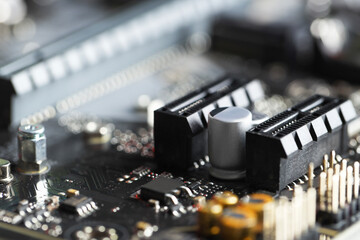 Computer motherboard as background, closeup. Electronic engineering
