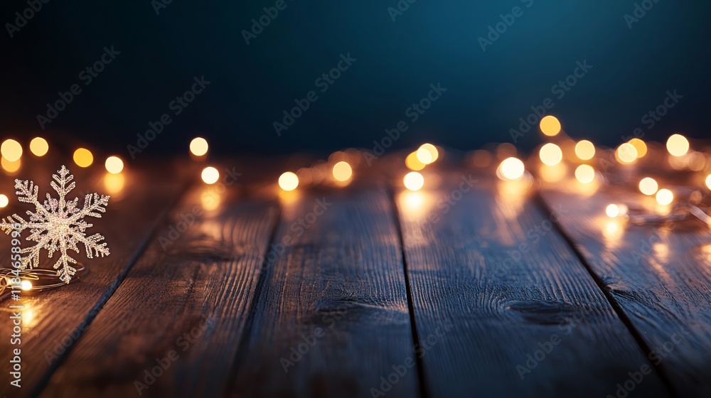 Poster A large snowflake illuminates a deep blue background, surrounded by soft glowing fairy lights, creating a warm festive atmosphere perfect for holiday themes