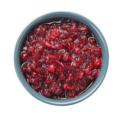 Tasty cranberry sauce in bowl isolated on white, top view