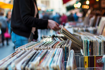 Generative AI image of hipster person in vintage music shop with retro vinyl records and tapes collection