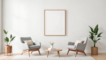 Mockup poster frame on the wall of living room. A stylish reading nook in beige colors featuring a cozy armchairs.
