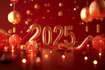 Glowing 2025 Numbers Surrounded by Red Lanterns and Ornaments for Chinese New Year Festivities, snake