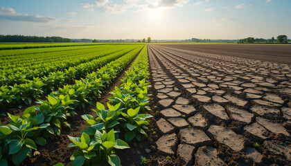 A panoramic view of agricultural fields on the left, vibrant, green, and flourishing crops on the right, barren, cracked soil and wilted plants hope and despair in agriculture climate change