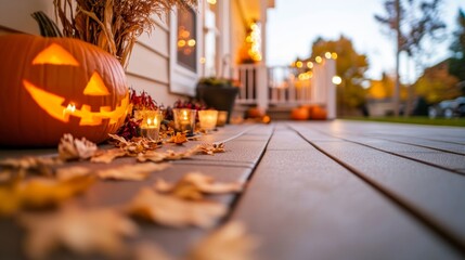 Warm candlelight radiates from a carved pumpkin on a festive porch adorned with dried cornstalks and fallen leaves, capturing the spirit of Halloween