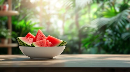 Fresh watermelon slices in a bowl, set against a lush green background, perfect for summer and healthy snacks.