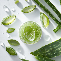 Obraz premium Aloe vera balm in jar with droplets and aloe leaves