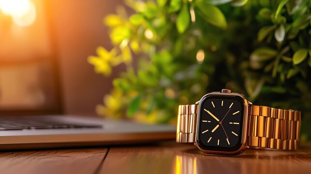 Elegant gold wristwatch on wooden table with laptop and greenery in the background, symbolizing style and productivity. - Powered by Adobe