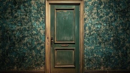 Weathered green door, teal wallpaper, mystery room, film set
