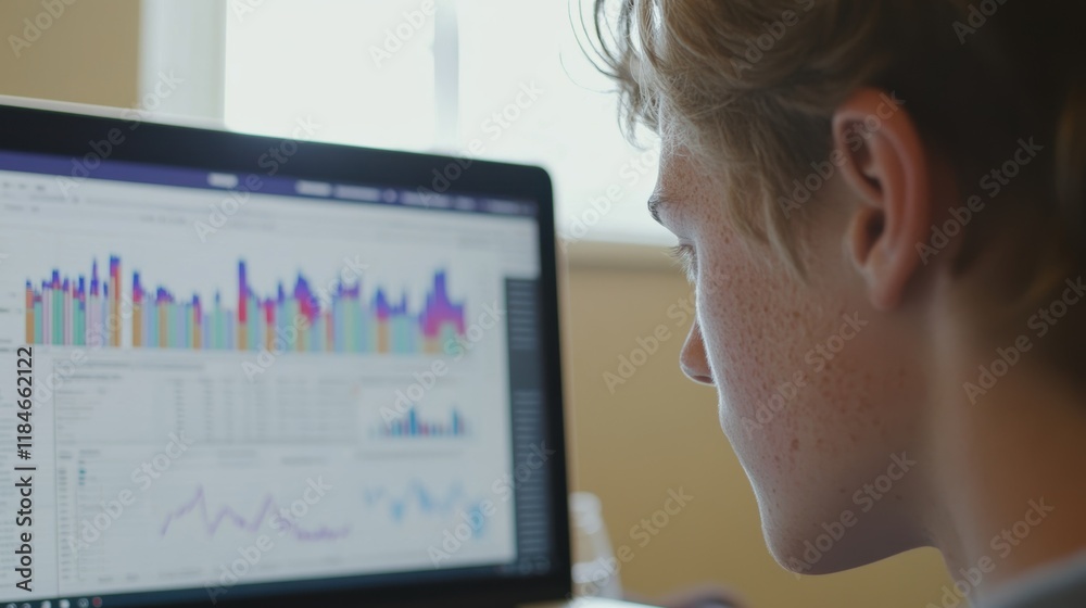 Poster office worker concentrating on colorful bar and line graphs displayed on computer screen, evaluating