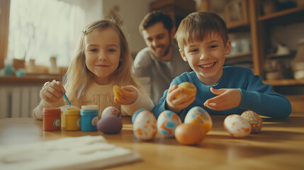 Fototapeta premium Kids Decorating Easter Eggs at a Rustic Table – Family Holiday Joy