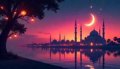 Naklejka premium Majestic Sunset Over a Grand Mosque, Stunning Islamic Architecture and Vibrant Sky, Scenic View of a Mosque at Sunset ,Beautiful Islamic Landmark with Golden Hour Glow Serene Sunset Behind a Mosque –