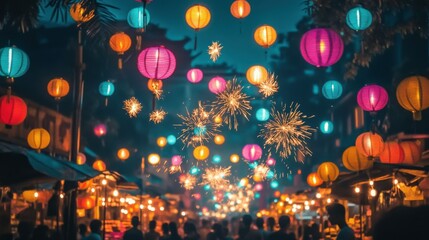 Vibrant Night Market Celebration with Colorful Lanterns