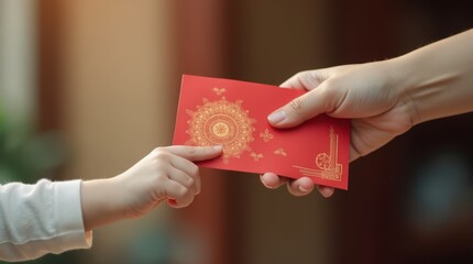 Cropped shot of children receiving red envelopes or angpao from their mother during Chinese New Year