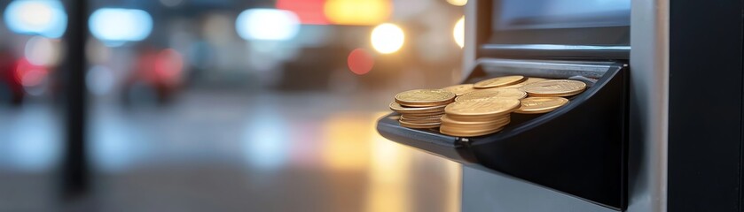 Obraz premium Close-up of a cash dispenser with coins waiting to be collected in an urban background, highlighting modern banking.