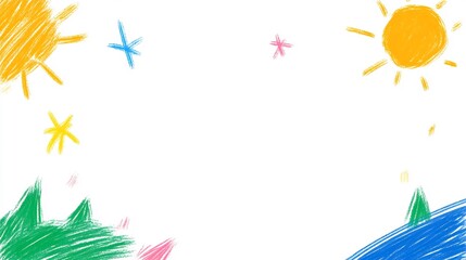 Obraz premium Joyful Childlike Illustration: Vibrant Suns and Stars Dance on White Background. AI Generated