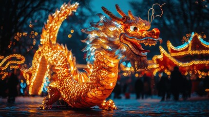 Obraz premium Festive dragon sculpture glowing in the night cultural festival decorative art outdoor exhibition vivid illumination
