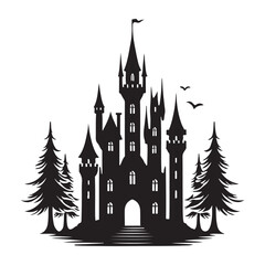 Obraz premium Dark Castle Silhouette Amidst Pine Trees