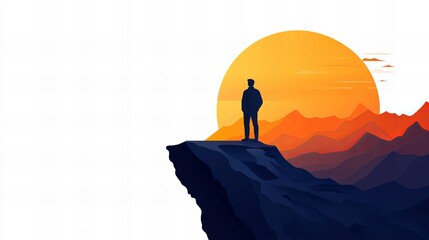 Silhouette of a man standing on a cliff overlooking a sunset and mountains. Peaceful and serene.