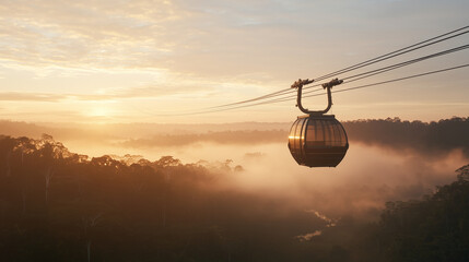 Vibrant Cable Car Over Lush Rainforest Canopy at Sunrise