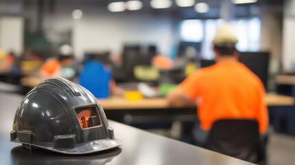A hard hat rests on a table in a busy industrial workspace, with blurred background of workers.
