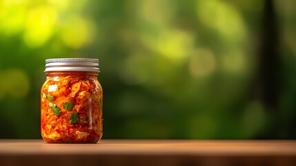 A vibrant jar of homemade kimchi with a blurred green background, highlighting the freshness and color of the dish.