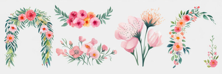 Watercolor Floral Arrangements Pink Peach Green Flowers Wreaths Bouquets Botanical Illustrations