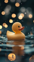 Yellow rubber duck floating on water with bokeh lights in the background