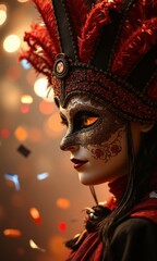 Carnival Venetian Mask Adorned With Feathers and Intricate Designs Surrounded by Colorful Bokeh Lights and Confetti at a Festive Masquerade
