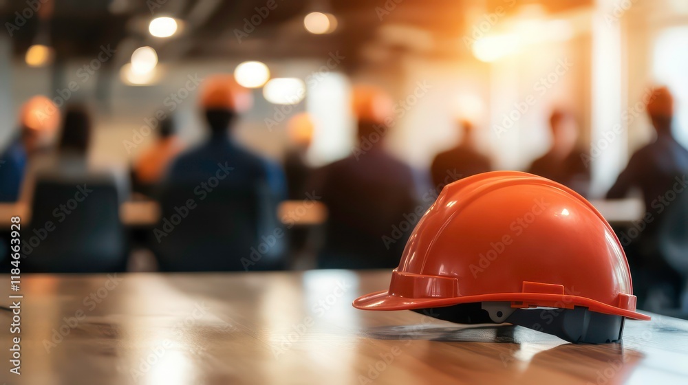 Poster Safety helmet on table with blurred construction workers meeting in background.