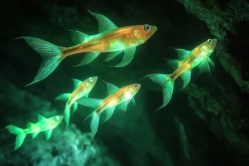 Naklejka premium Luminous fish with slender, tapering bodies and glowing, ethereal fins in hues of celestial opal and aurora green, gliding silently through the phosphorescent depths of a submerged cavern system.