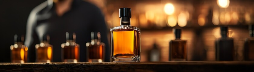 A stylish close-up of a whiskey bottle in a dimly lit bar, showcasing the rich amber color and elegant design.