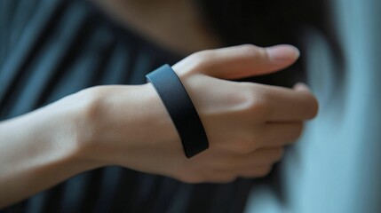 Naklejka premium Close-up: woman's wrist, black band, soft focus.
