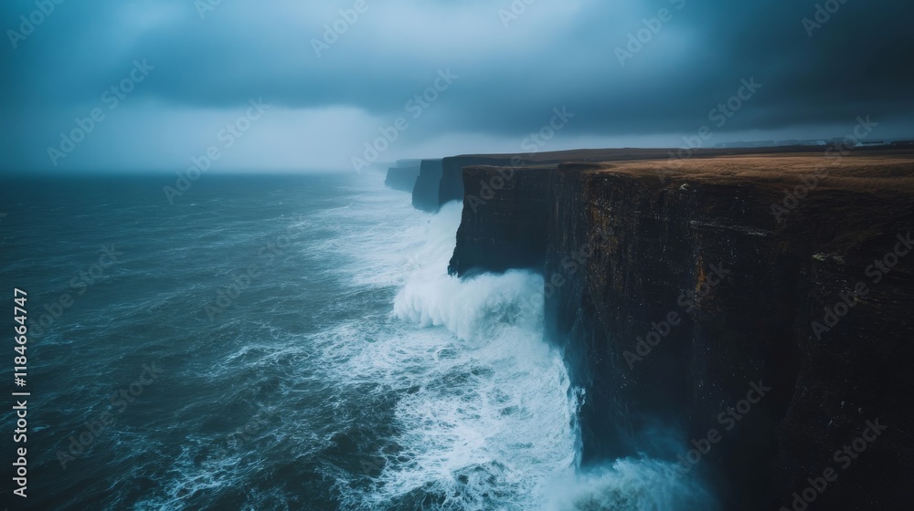 Poster massive waves crash violently against rugged cliffs as dark clouds loom overhead, showcasing the raw