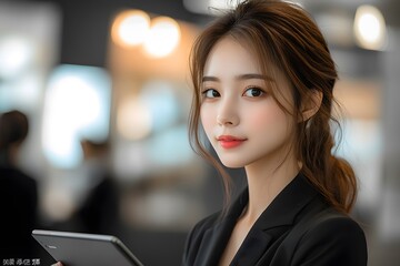 Obraz premium Confident Professional Asian businesswoman Smiling in a Modern Office Environment Holding a Tablet