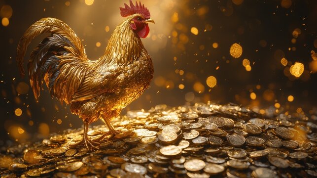 Golden rooster standing majestically on a pile of coins and ingo standard fantasy scene enchanted environment close-up view wealth symbolism for seo impact