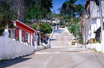 View of the ascent formed by colonial steps, towards the Calvario church, located on the outskirts of the city of Cobán Alta Verapaz.