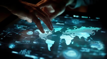 Close-up of hands interacting with a digital world map displayed on a futuristic touchscreen interface, showcasing data points and connections.