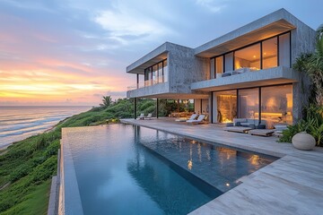 luxurious beachfront resort modern minimalist architecture with infinity pool private cabanas and panoramic ocean views at golden hour