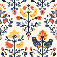 Obraz premium Colorful floral pattern with birds, featuring bright yellow, red, and blue elements on a light background, creating a cheerful, whimsical design.