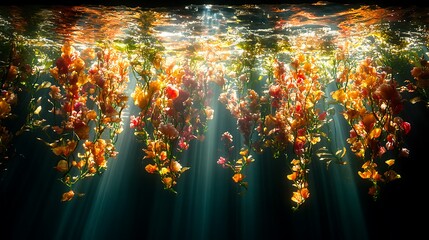 Naklejka premium Underwater floral arrangement illuminated by sunbeams
