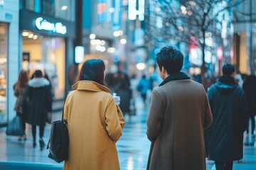 Couple walking city street, blurred background.