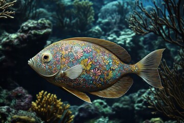 Fototapeta premium Oval-shaped fish with intricate floral patterns on their scales, swimming elegantly through a coral forest.