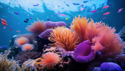 close up under water photograph of a coral reef with colorful sea anemones