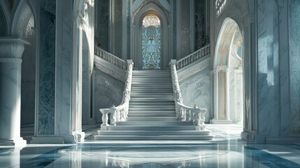 Grand marble staircase in a palace hall with arched doorways and stained glass window.