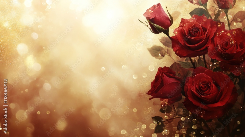 Sticker Red Roses with Golden Bokeh Background