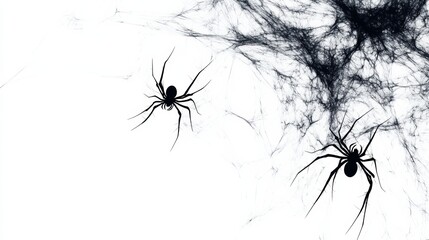 Two black spiders crawling on spiderweb creating halloween mood