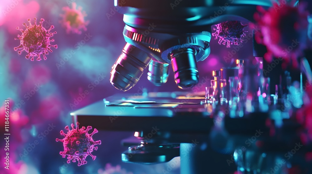 Aufkleber Close-Up of Advanced Microscope Analyzing Coronavirus Cells in a Colorful Laboratory Environment with a Focus on Science and Research