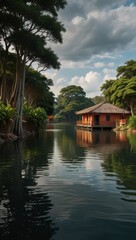 Obraz premium A peaceful riverside view with traditional clay houses shaded by large banyan trees.