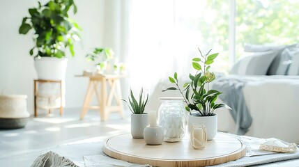 Serene Minimalist Home Decor: Potted Plants and Candles on Wooden Tray