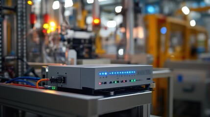 Programmable logic controller or plc working and monitoring production line in smart factory using internet of things or iot technology to automate processes
